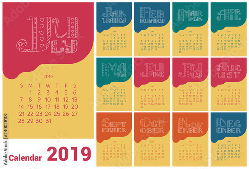 Calendar 2019. Vector hand drawn design. Doodle English lettering collection. Colorful calender. Hearts and lines