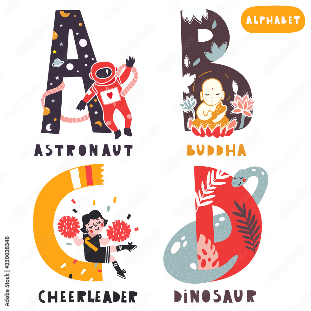 A to D. Hand drawn letters of english alphabet. Vector illustrations. All elements are isolated