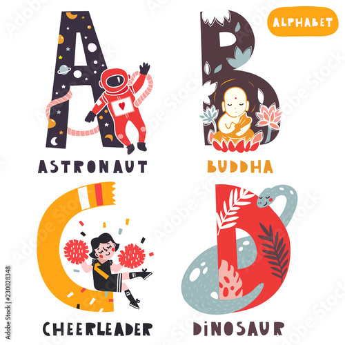 A to D. Hand drawn letters of english alphabet. Vector illustrations. All elements are isolated