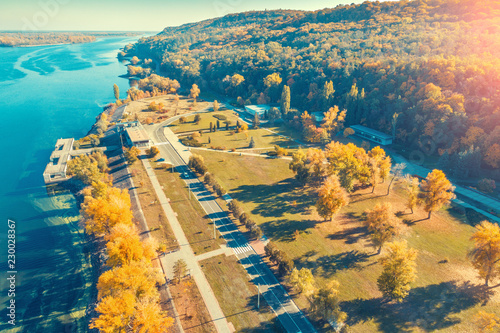 Aerial view at embankment in autumn. Tarasova Hora, Kaniv, Ukraine, Europe photo