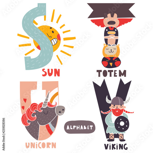 S to V. Hand drawn letters of english alphabet. Vector illustrations. All elements are isolated