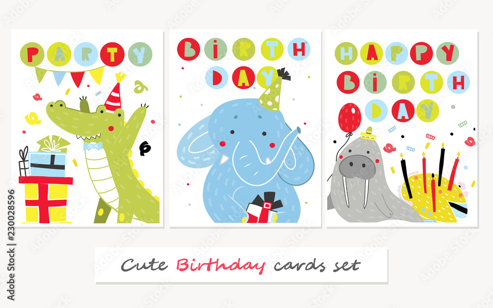 Hand drawn funny party animals. Set of three cute birthday cards Hand drawn funny party animals. Set of three cute birthday cards