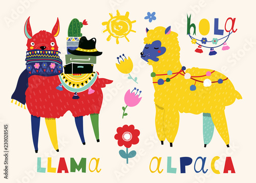 Llama and alpaca. Cute vector illustration. All elements are isolated