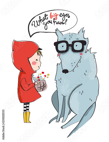 Little girl in red coat and wolf in glasses. Cute vector illustration