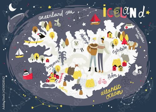Illustrated vector map of Iceland. Night version