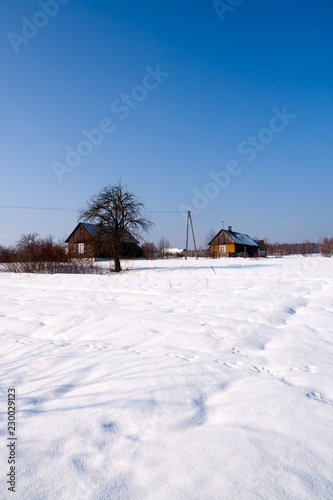 winter rural landscape with wooden houses