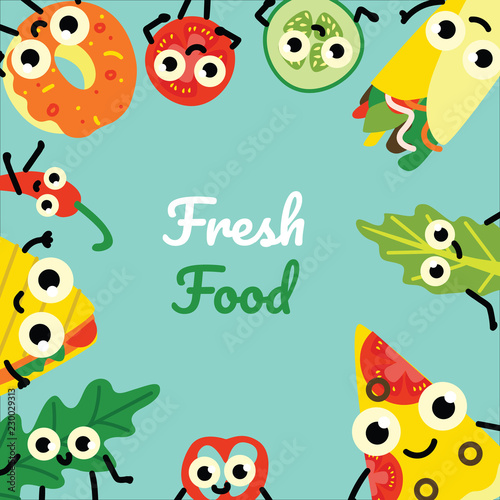 Vector illustration of fast food border frame on square banner with fresh full meals and vegetables cartoon characters with cute smiling faces on green background in flat style.