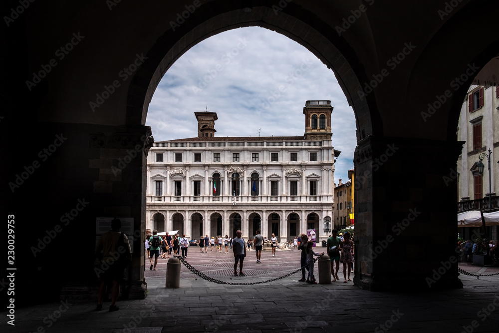 Old historic square of Bergamo. PIAZZA VECCHIA. Bergamo Alta.