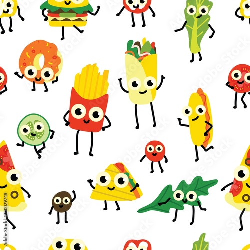 Vector illustration of fast food seamless pattern with various full meals and vegetable ingredients cartoon characters with cute smiling faces in flat style on white background.