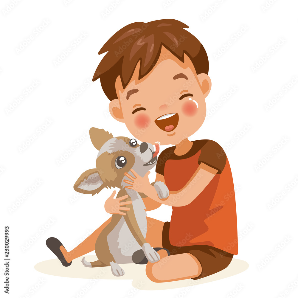Boy and dog lovely cartoon character. Child lovingly embraces his pet. Dog  licking boy on face. Happy smiling boy hugs his best freind chihuahua dog.  vector illustration. Isolated on white background Stock