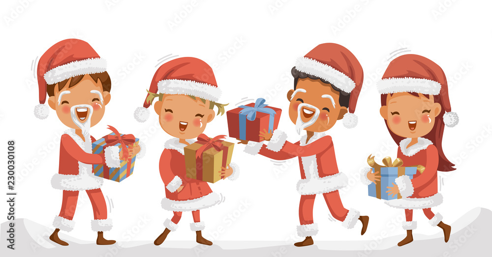 Group children in christmas day. Four children in christmas hat with presents. Girls and boys dressed in santa claus holding a beautiful gift box. Outdoor standing in winter.Fun in the festive season