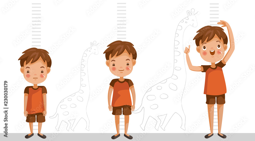 Height of child grow up. Little boy measuring his height on white color  background. One boy in three levels. Short, medium, high,Height. difference  child growth concepts. Stock Vector