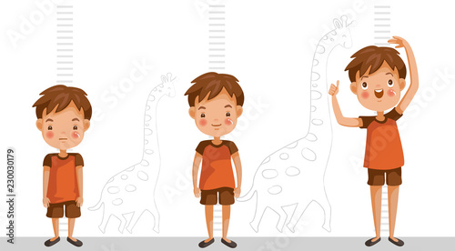 Height of child grow up. Little boy measuring his height on white color background. One boy in three levels. Short, medium, high,Height. difference child growth concepts.