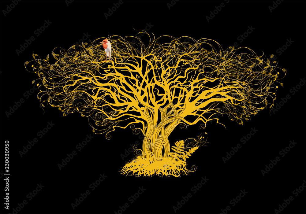 Fototapeta Żółte drzewo na czarnym tle