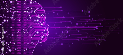 Big data and artificial intelligence concept. Machine learning and cyber mind education concept in form of child face outline with circuit board and binary data flow on purple background.