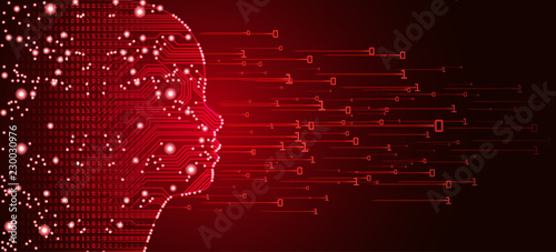 Big data and artificial intelligence concept. Machine learning and cyber mind education concept in form of child face outline with circuit board and binary data flow on red background.