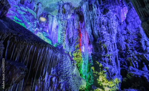 inside the Reed Flute Cave, a beautiful natural limestone cave in Guilin, Guangxi province of China