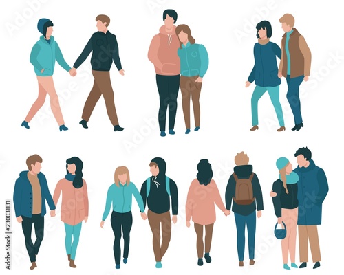 Couples vector illustration set - young men and women hugging and holding each other hands walking in autumn clothing isolated on white background. Loving male and female characters in fall season.