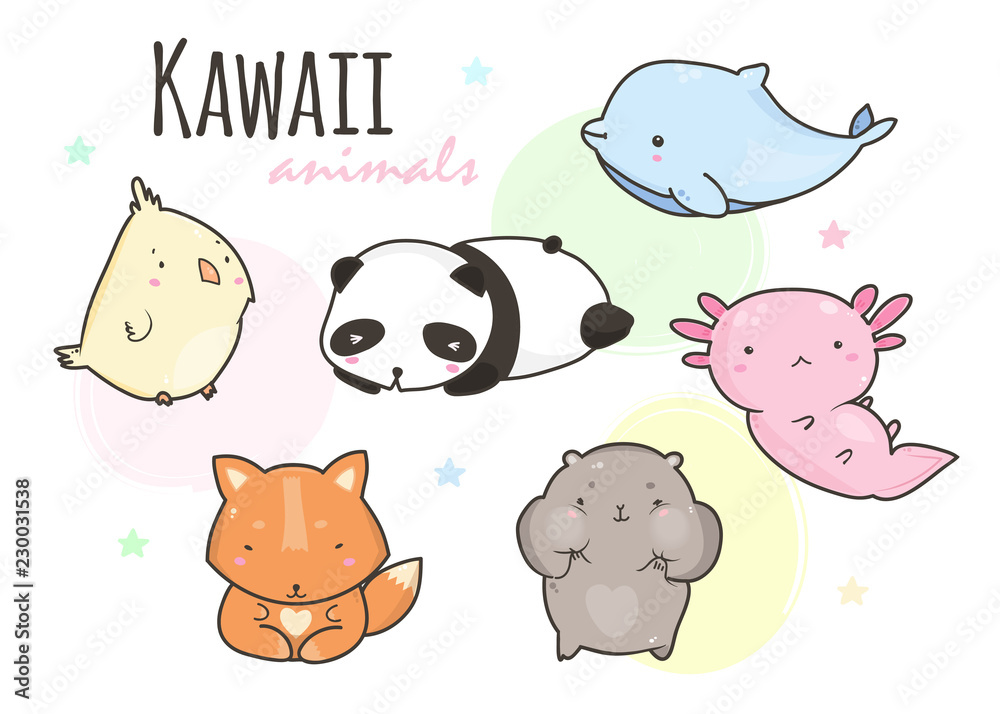 Kawaii animals. Colored vector set. All elements are isolated