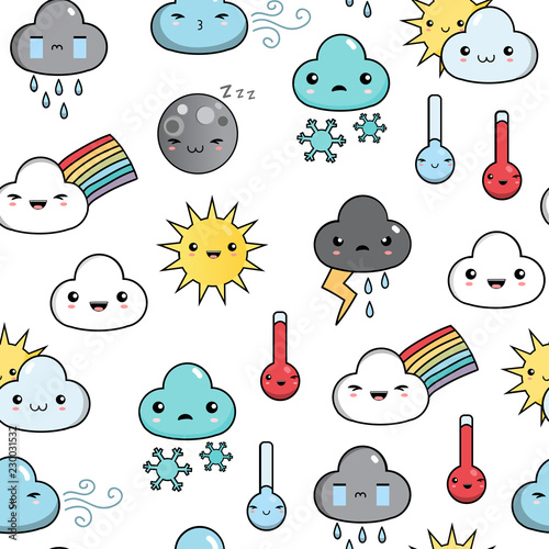 Kawaii weather icons. Colored vector seamless pattern