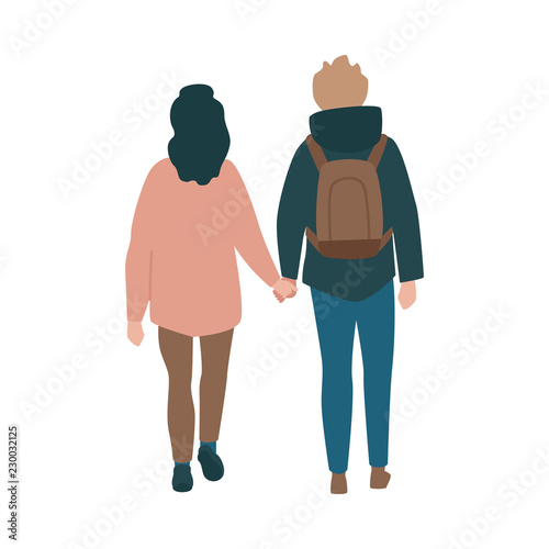 Vector couple walking holding hands back view at autumn in warm outdoor clothing. Young man in hoodie, backpack and woman in jacket dating outdoors together. Illustration with male female characters