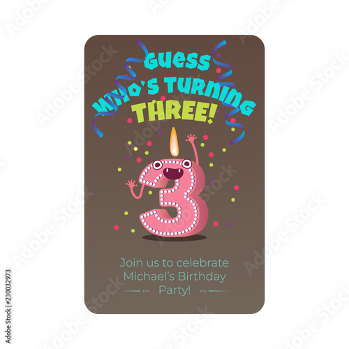 Cute birthday poster with candle number three 3 character with flame at his head dancing, guess whos turning three inscription. Kids birthday holiday party background design. Vector illustration