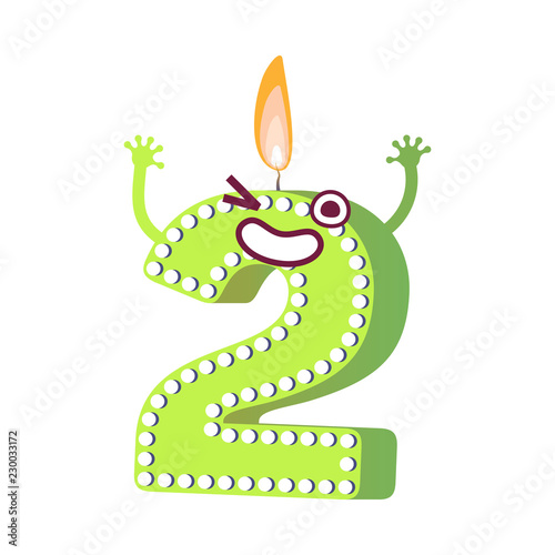 Cute birthday candle number two 2 character with flame at his head winking. Typographic humanized symbol with hands, arm and face emotions. Kids birthday holiday party font sign. Vector illustration