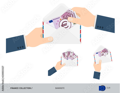 500 Euro Banknotes in envelope hold in hand. Set of flat style opened white envelopes with cash. Salary payout or corruption concept.