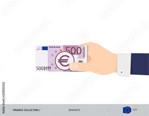 500 Euro Banknote. Hand gives money. Flat style vector illustration. Salary payout or corruption concept.