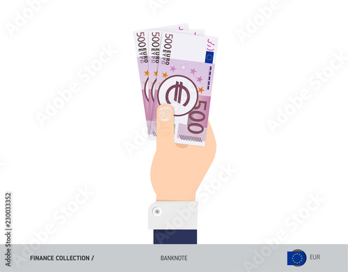 500 Euro Banknote. Hand gives money. Flat style vector illustration. Salary payout or corruption concept.