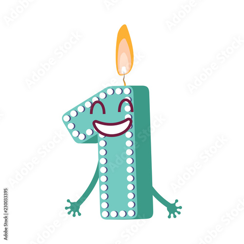 Cute birthday candle number one 1 character with flame at his head. Typographic humanized symbol with hands, arm and face emotions. Kids birthday holiday party font sign. Vector illustration