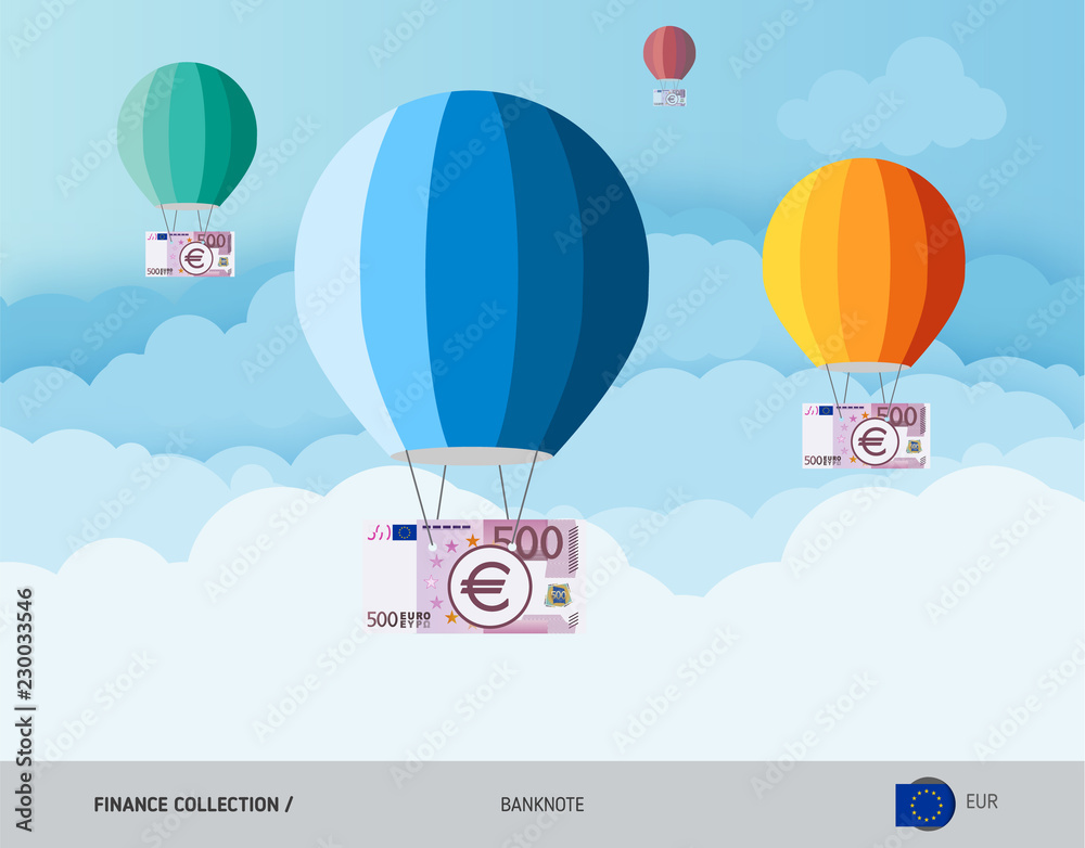 Obraz premium Hot air balloons with 500 Euro Banknotes. Flat style vector illustration. Finance concept.