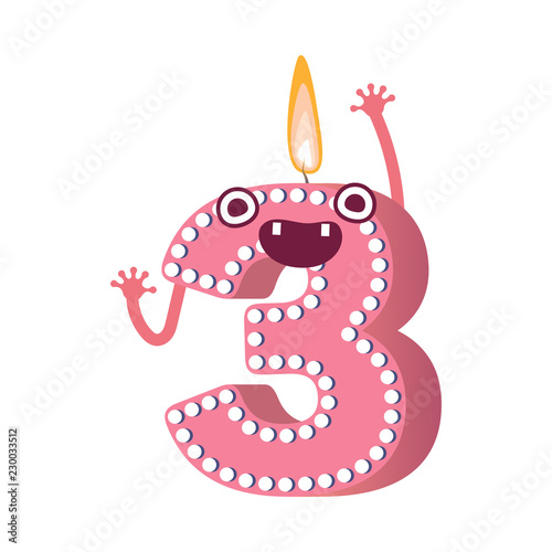 Cute birthday candle number three 3 character with flame at his head dancing. Typographic humanized symbol with hands, arm and face emotions. Kids birthday holiday party font sign. Vector illustration