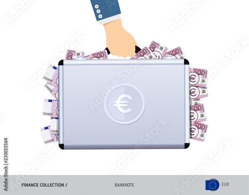 Hand holds a metal case with 500 Euro Banknotes. Flat style vector illustration. Salary payout or corruption concept.