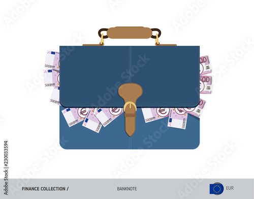 Leather briefcase with 500 Euro Banknotes. Flat style vector illustration. Salary payout or corruption concept.