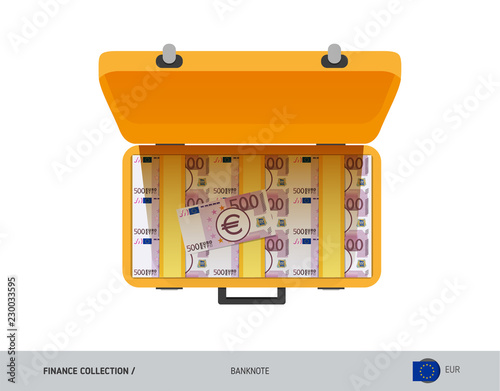 Yellow case with 500 Euro Banknotes. Flat style vector illustration. Salary payout or corruption concept.