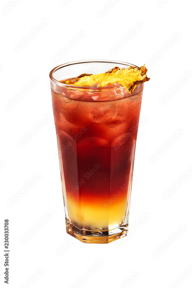 Closeup glass of tequila sunrise cocktail decorated with pineapple isolated at white background. Closeup glass of tequila sunrise cocktail decorated with pineapple isolated at white background.