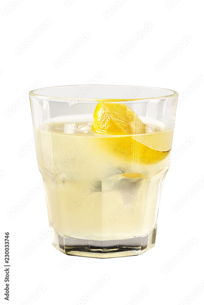Closeup glass of gin tonic cocktail with lemon isolated at white background. Closeup glass of gin tonic cocktail with lemon isolated at white background.