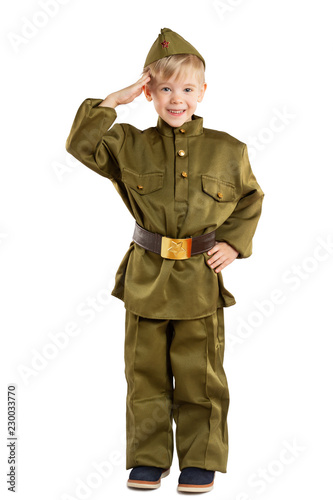 Portrait of pretty boy in ussr military uniform isolated at white background. Concept of russian soldier for 9 May holiday celebration.