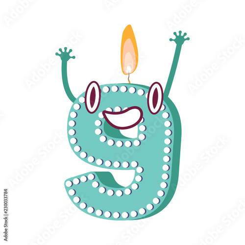 Cute birthday candle number nine 9 character with flame at his head dancing. Typographic humanized symbol with hands, arm and face emotions. Kids birthday holiday party font sign. Vector illustration