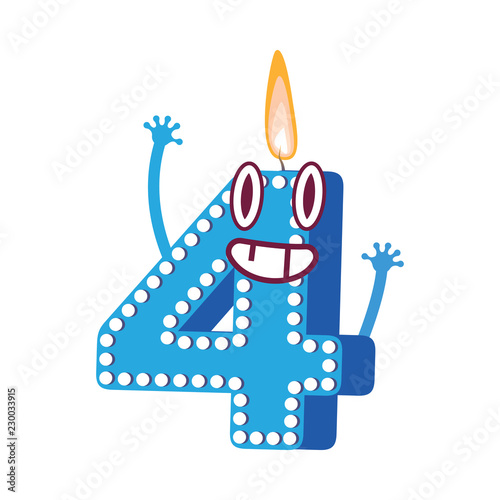 Cute birthday candle number four 4 character with flame at his head dancing. Typographic humanized symbol with hands, arm and face emotions. Kids birthday holiday party font sign. Vector illustration