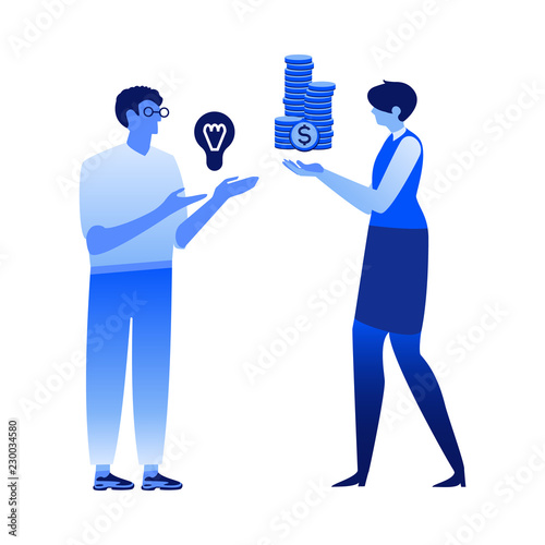 Financing vector illustration - new business idea concept with man holding light bulb and female banker or financier with stack of money coins - isolated flat image of loan for project startup.