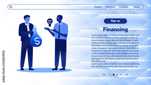 Vector illustration of financing new business idea with man holding light bulb and businessman with us dollars in bag - isolated flat gradient image of loan for project startup on web page template.