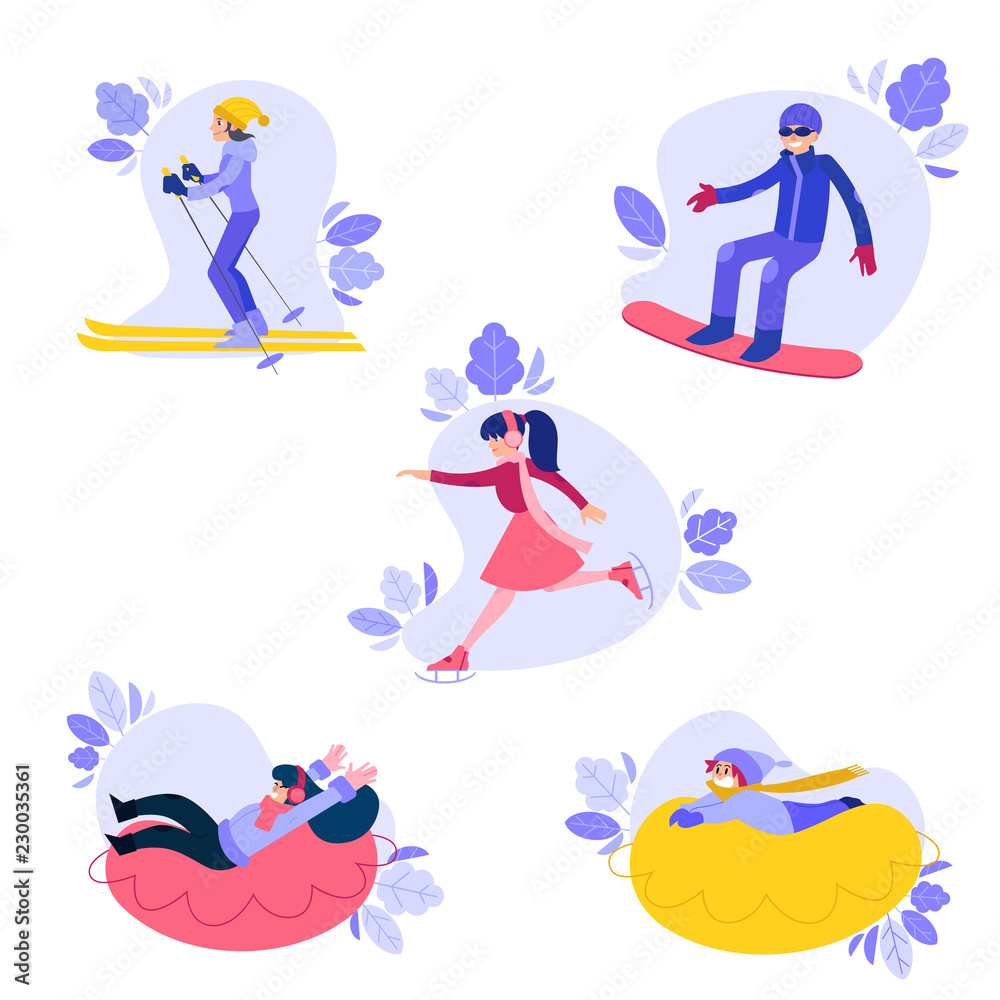 Vector people enjoying winter sports with abstract floral elements background set. Man snowboarding, women skiing and ice-skating, girl and boy kid snowtubing outdoors flat illustration