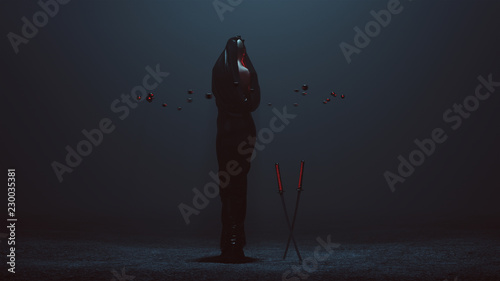 Black Cloaked Futuristic Abstract Demon Assassin with 2 Swords 3d illustration 3d render 