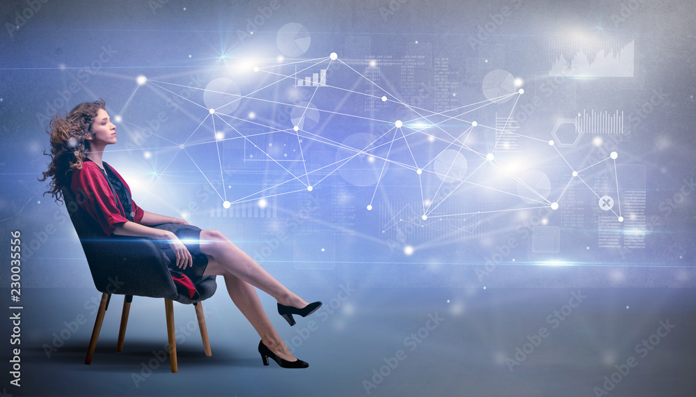 Elegant woman sitting in a sofa with network and connection concept
Elegant woman sitting in a sofa with network and connection concept