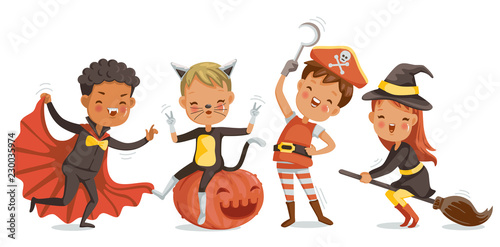 Halloween funny. happy children boys and girls in costumes and makeup on a celebration of halloween. Cartoon vector illustration isolated white background