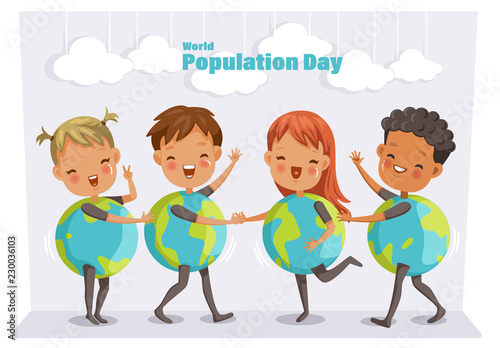 World population day. Four cute children in mascot orb. Performed on stage at school. Common activities of boys and girls. group child on stage. cartoon vector illustration isolated white background.