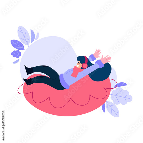 Vector girl in hat sledging at inflatable tube, snowtubing outdoors in winter in warm clothing and long black hairs on abstract floral elements background. Female character and leisure activity