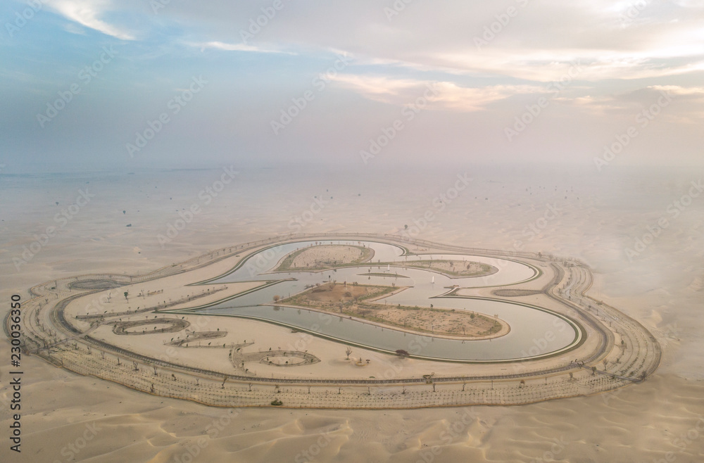 aerial view of  al qudra lakes in a desert near Dubai